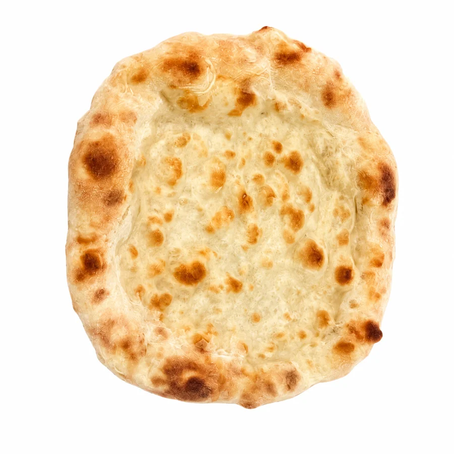 Base pizza rotonda bianca da 33 centimetri, bordo alveolato e superficie ambrata, pronta da farcire