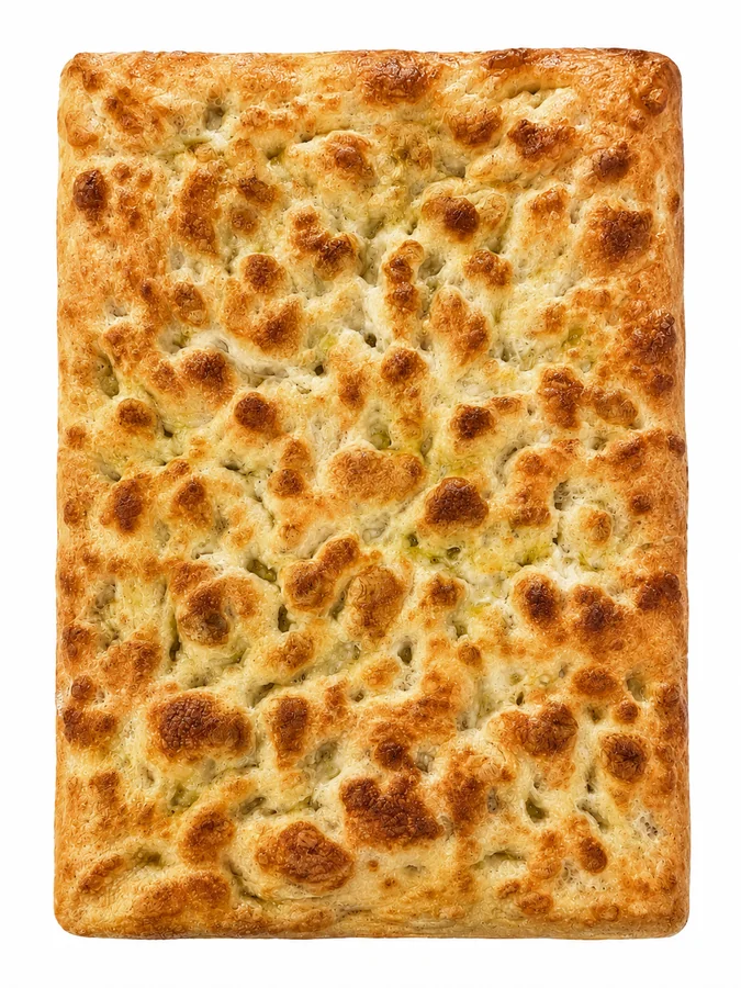 Focaccia bianca artigianale appena sfornata, teglia 60x40, superficie dorata e alveolata con olio extravergine